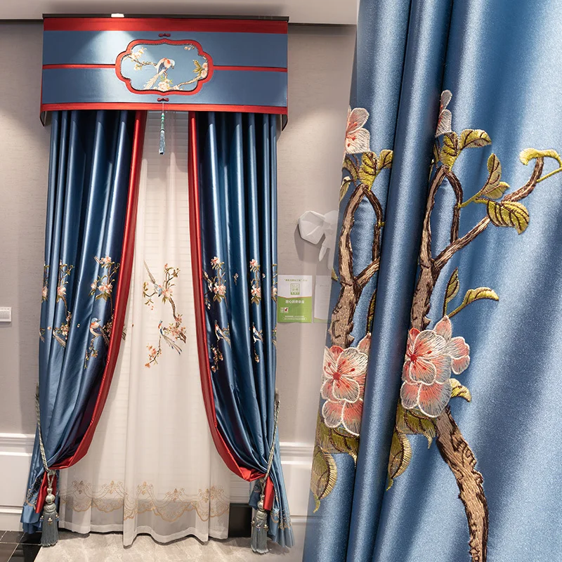 Custom curtain embroidered bird high-precision satin high-end American blue cloth blackout curtain tulle valance drape C1063