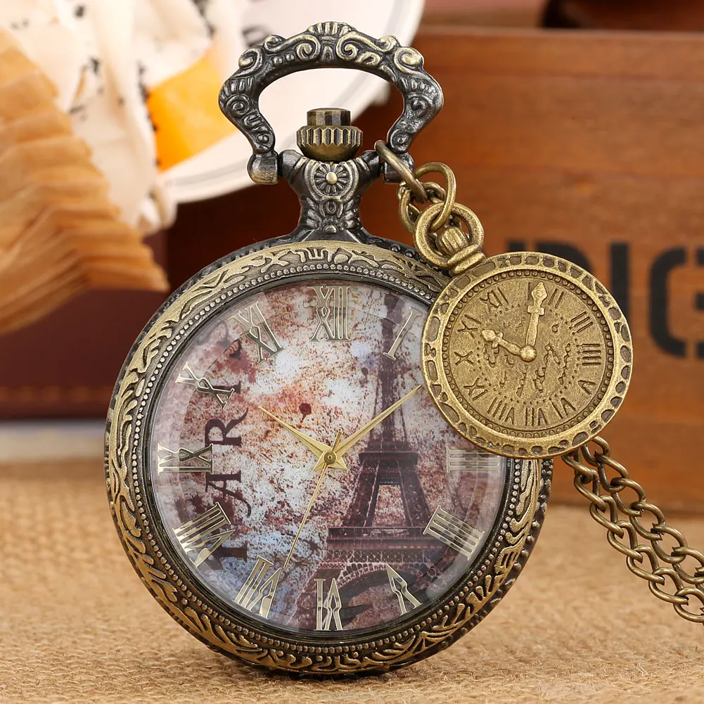 Elegant Retro Transparent Glass Cover Bronze Quartz Pocket Watch Exquisite Dial Men Women with Necklace Watches