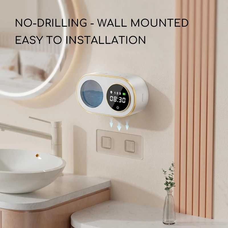 เครื่องจ่ายสบู่โฟมอัตโนมัติพร้อม HD LED นาฬิกาดิจิตอลเครื่องจ่ายสบู่โฟมติดผนังแบบชาร์จไฟได้ 12 ออนซ์ (สีขาว) ทนทาน