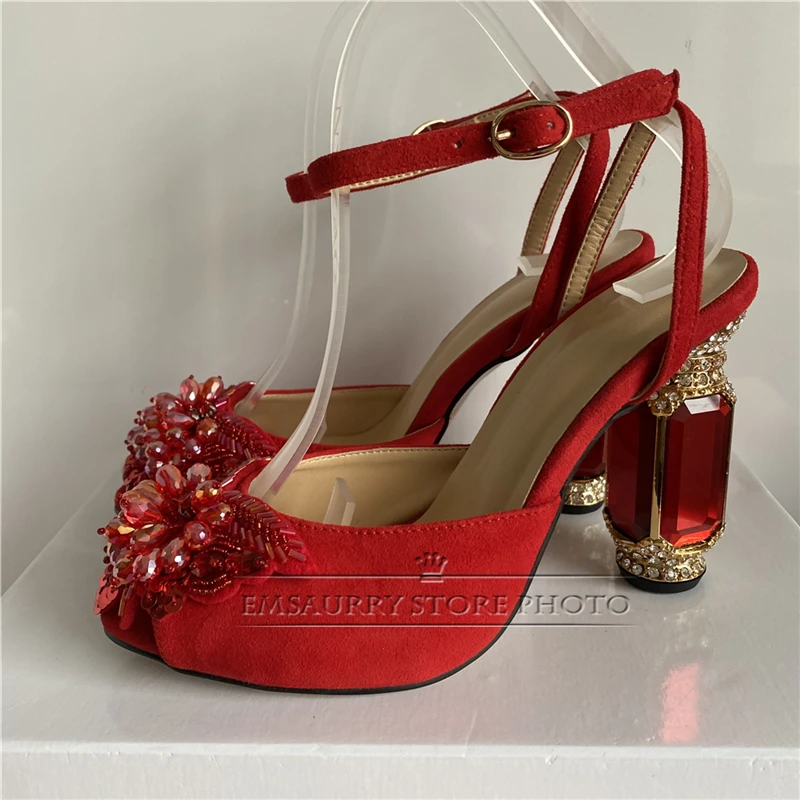 Sequined Beads Flower Party Shoes Summer Jeweled Diamond High Heel Sexy Open Toe Suede Rhinestone Sandals Women