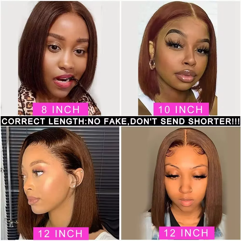 180% Color #4 Dark Brown Bob Wigs Straight 13x4 Lace Front Wig Free Part 8-16 Indian Human Hair Pre-plucked For Woman