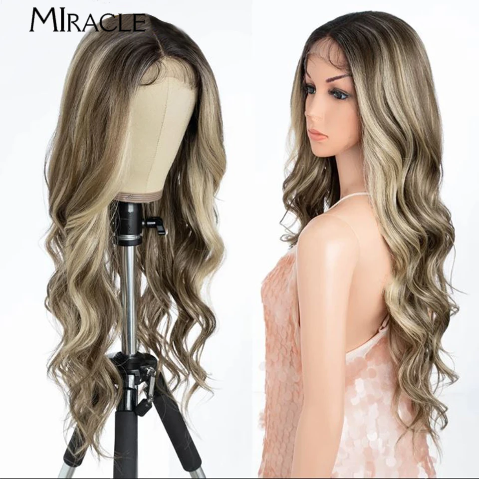 

MIRACLE Synthetic Lace Wigs For Women 28 Inch Body Wave Lace Front Wig With Baby Hair Ombre Blonde Cosplay Wig Heat Resistant