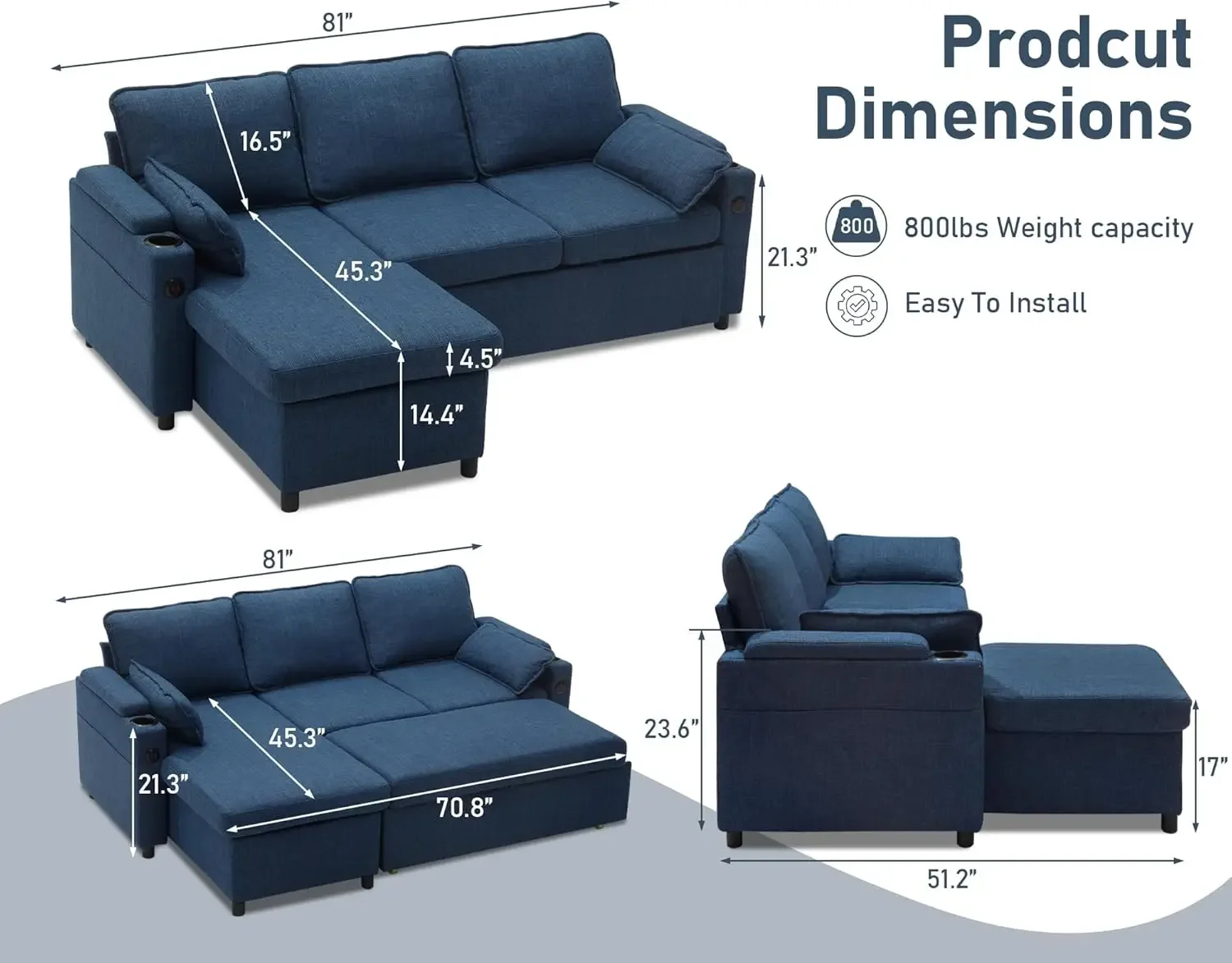 Sofa Bed Sleeper Pull Out 2 in 1 Sectional Sleeper Sofa Couches with Storage,Apartment Living Room (Blue)