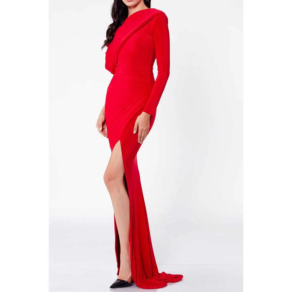 YUMDAI Elegant Red Crepe Saudi Arabia Long Sleeve Evening Gown 2023 Ladies Formal PROM Dress Fall Special Occasion Mom Dress