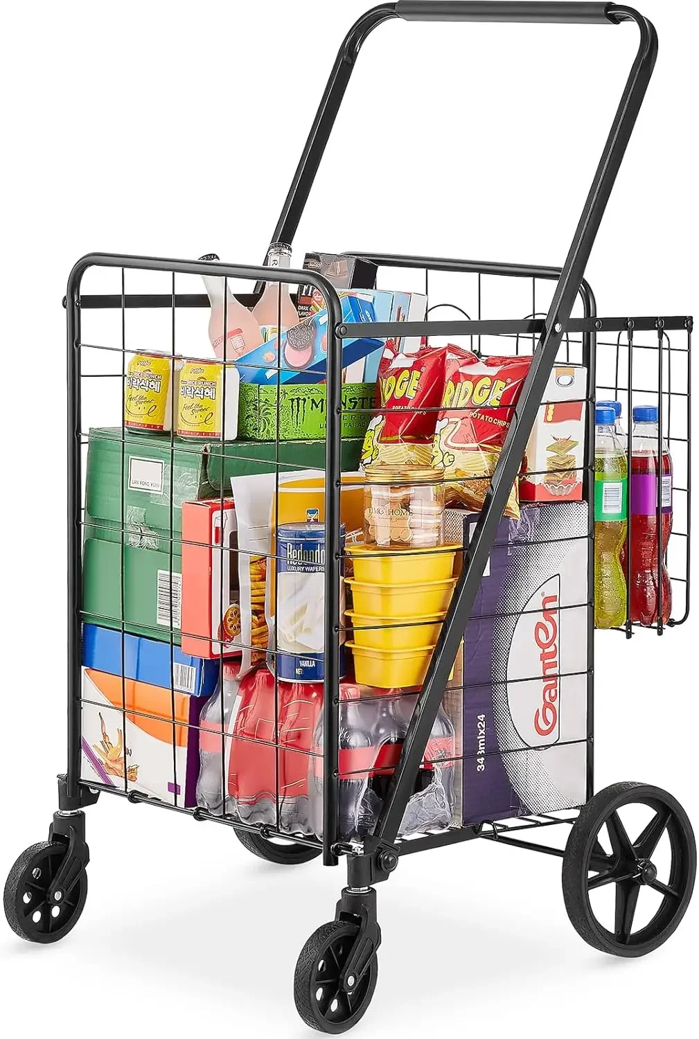 Folding Shopping Cart, Jumbo Grocery Cart with Double Baskets, 360° Swivel Wheels, Heavy Duty Utility Cart