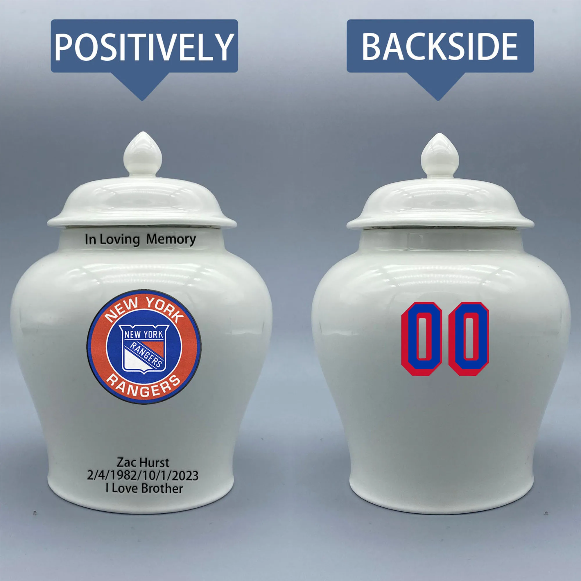 

Medium Urn for New York Rangers-themed Hockey Urn.Please send me the customize information-name/date and number on the urn