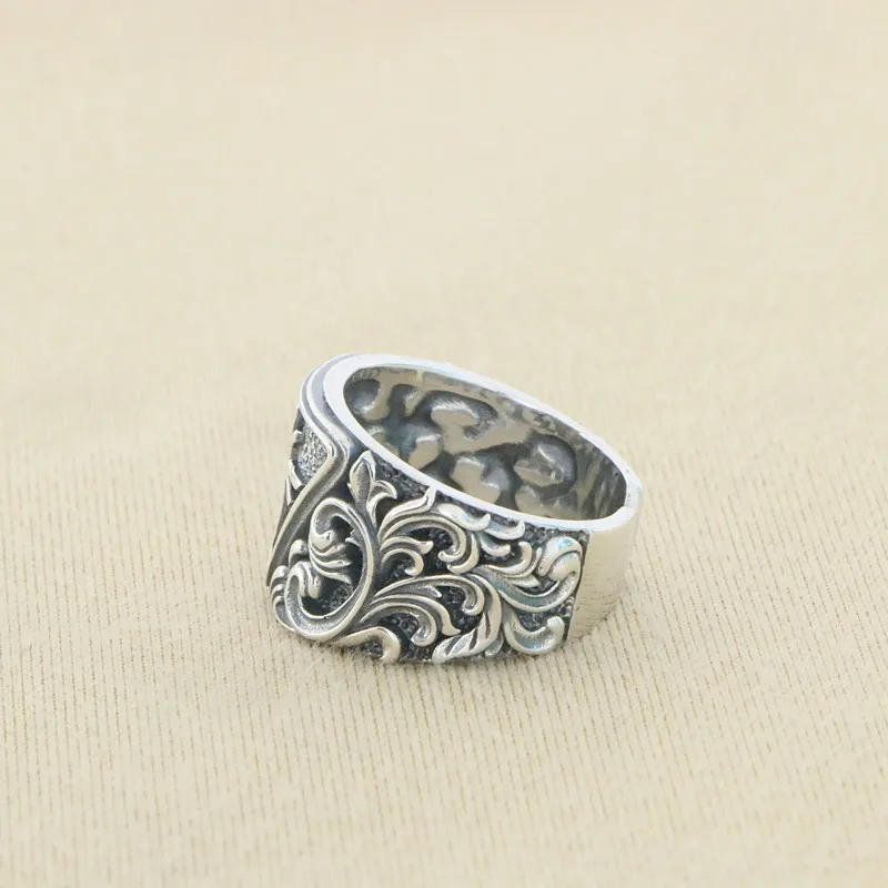 Handsome Punk Opening 925 Silver Tang Grass Pattern Retro Ring for Men and Women, Classic French Boys, Index Finger Ring