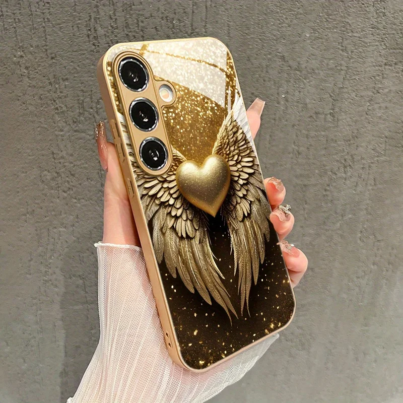 Double wing golden heart-shaped pattern glass phone case suitable for Samsung Galaxy S26 S25 S24 S22 S21 S20 FE/Ultra/Plus view 2
