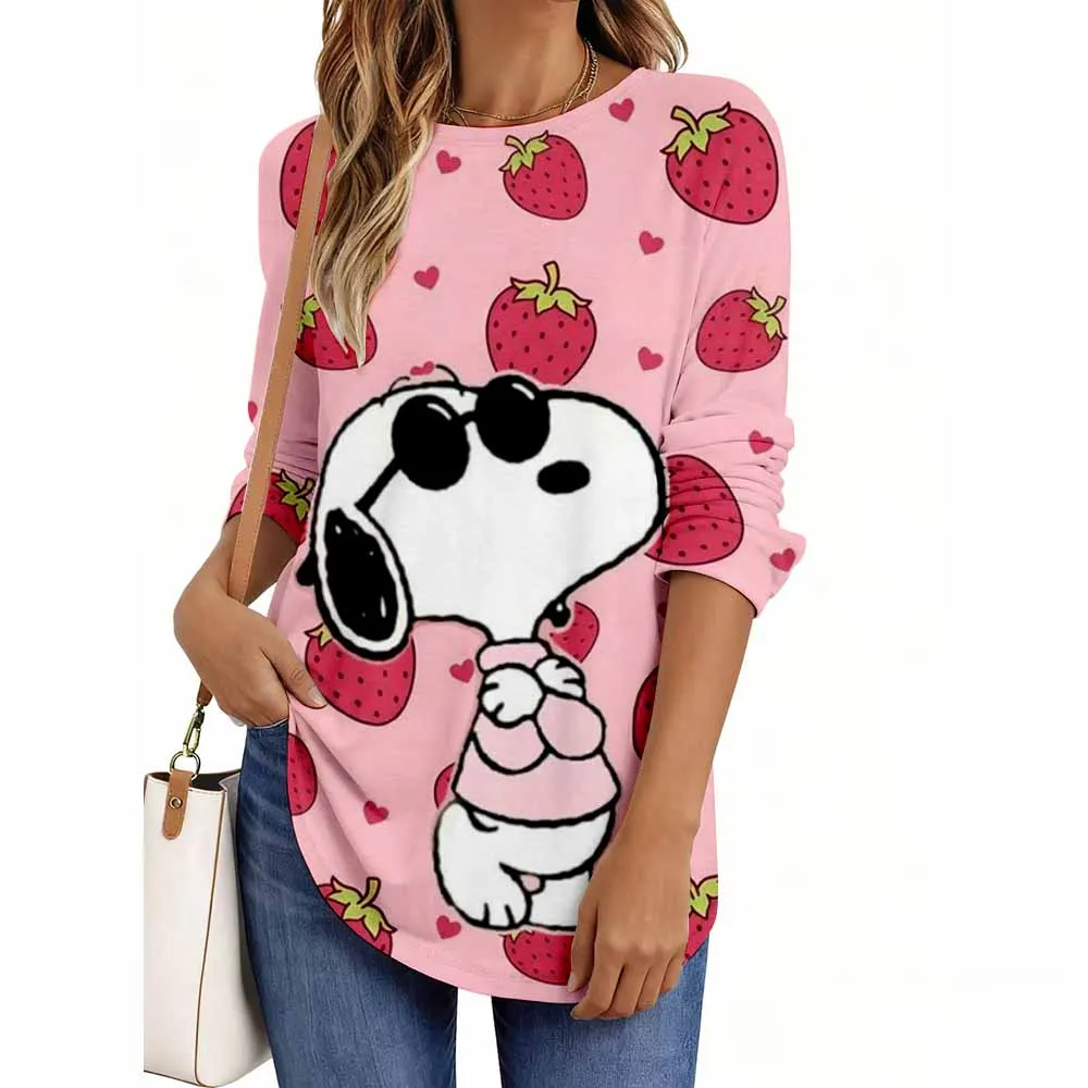 Snoopy print Ladies' Spring and Autumn Clothing Colorful Snoopy Printed T-shirt Long Sleeve Round Neck Casual Top