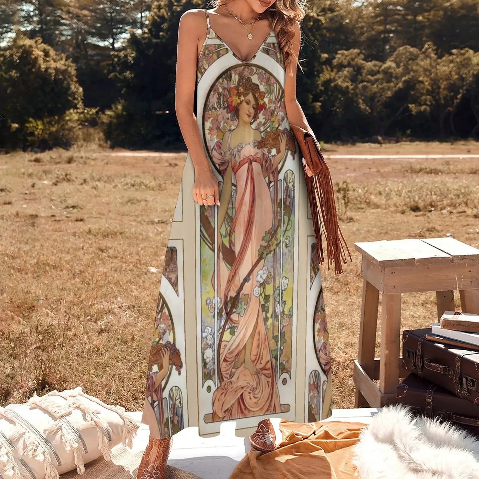 Alphonse Mucha - Woman in Vineyard with Flowers Sleeveless Dress prom dress 2025 dress women summer 2025 women's dresses luxury