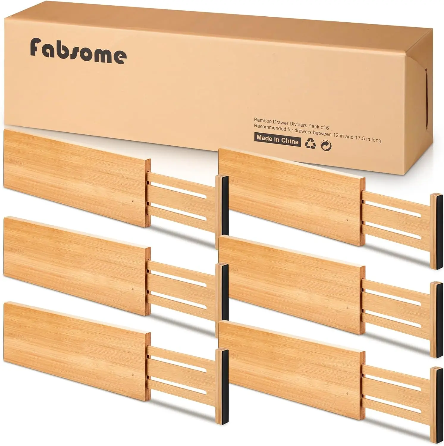 

6 Pack Adjustable Bamboo Drawer Dividers, 4.65'' High for Clothing Organization with Soft Foam Ends
