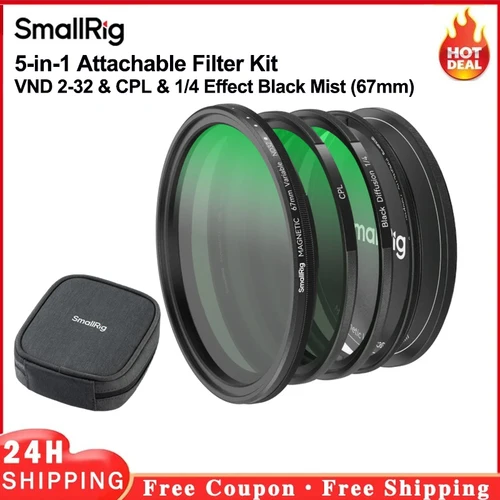 Imagen 1 del producto Kit de filtros acoplables SmallRig 5 en 1 VND 2-32 y CPL y 1/4 efecto niebla negra (67 mm)-4726