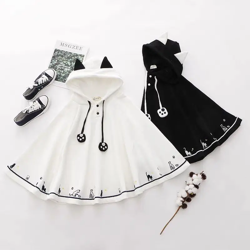Ponchos japoneses, ropa de otoño e invierno, chaquetas bonitas para mujer, abrigos de gran tamaño con capucha y orejas de gato, Tops Y2k, capas dulces de moda 49C648