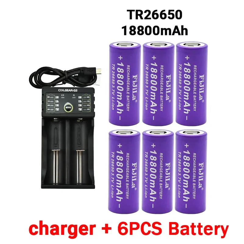 New 3.7V 26650 Battery 18800mAh Li-ion Rechargeable Battery for LED Flashlight Torch Li-ion Battery Accumulator Battery+Charger