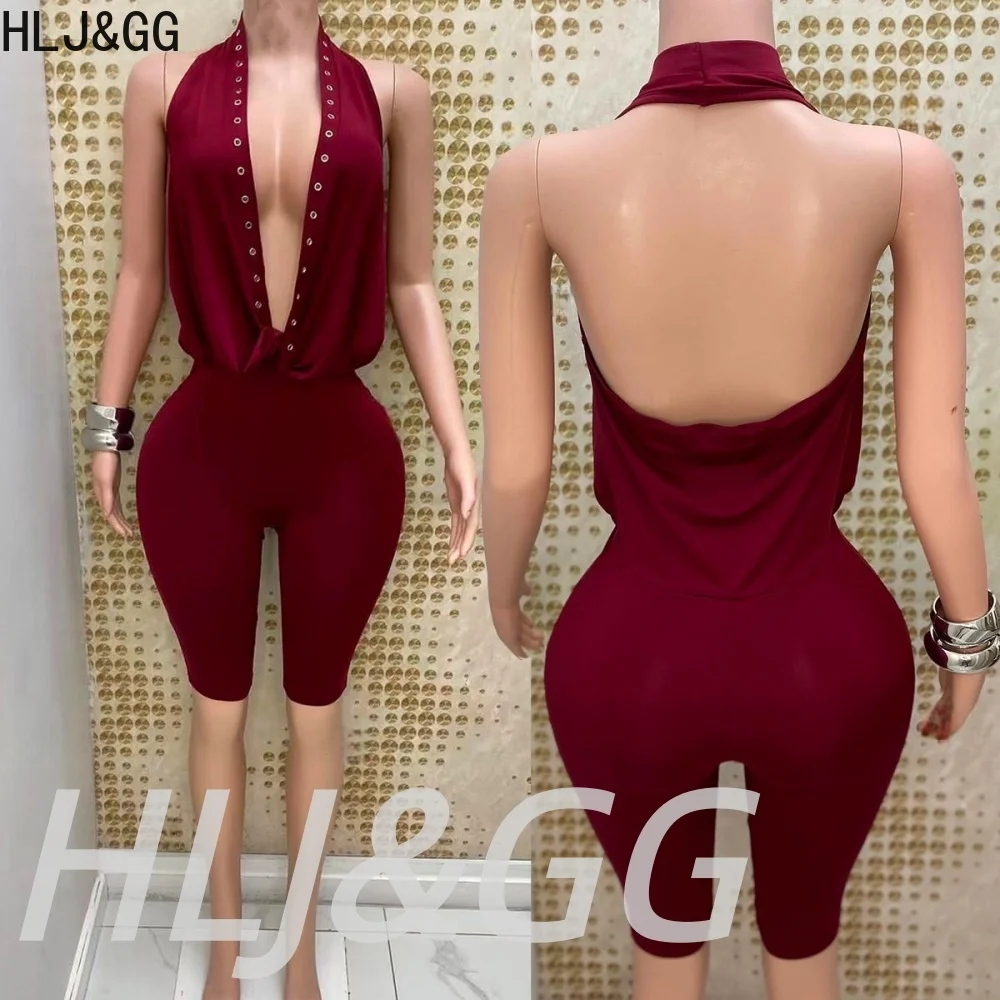 

HLJ&GG Fashion Rivet Halter Deep V Ruched Bodycon One Piece Rompers Women Sleeveless Backless Slim Jumpsuit Female Solid Overall