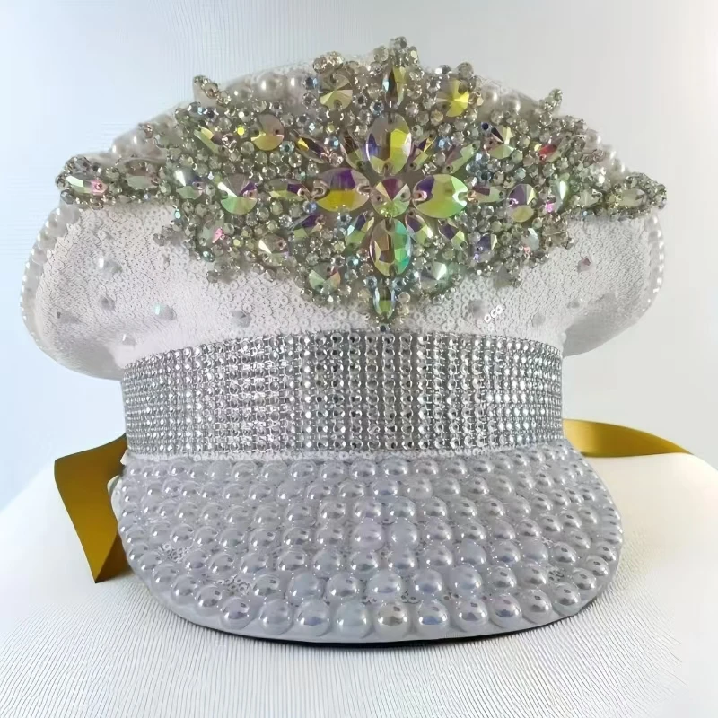 Schillernde Farbe Strass Krone Perle Festival Kapitän Hut Maskerade handgemachte Unisex Hochzeit Militär Cap Musik Festival Cap