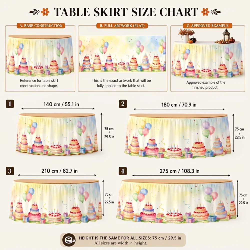 One table skirt with birthday celebration cake and balloons pattern print. Festive, colorful, joyful and energetic.
