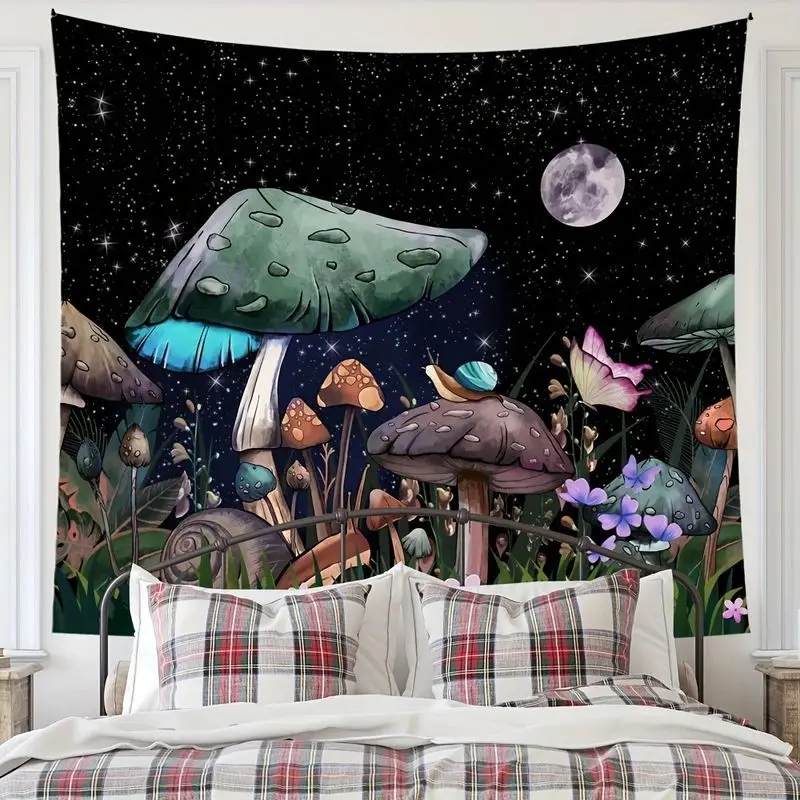 VIKAMA Moonnight Mushroom Snail Butterfly Tapestry, Psychedelic Starry Sky Wall Hanging for Bedroom Living Room Decor