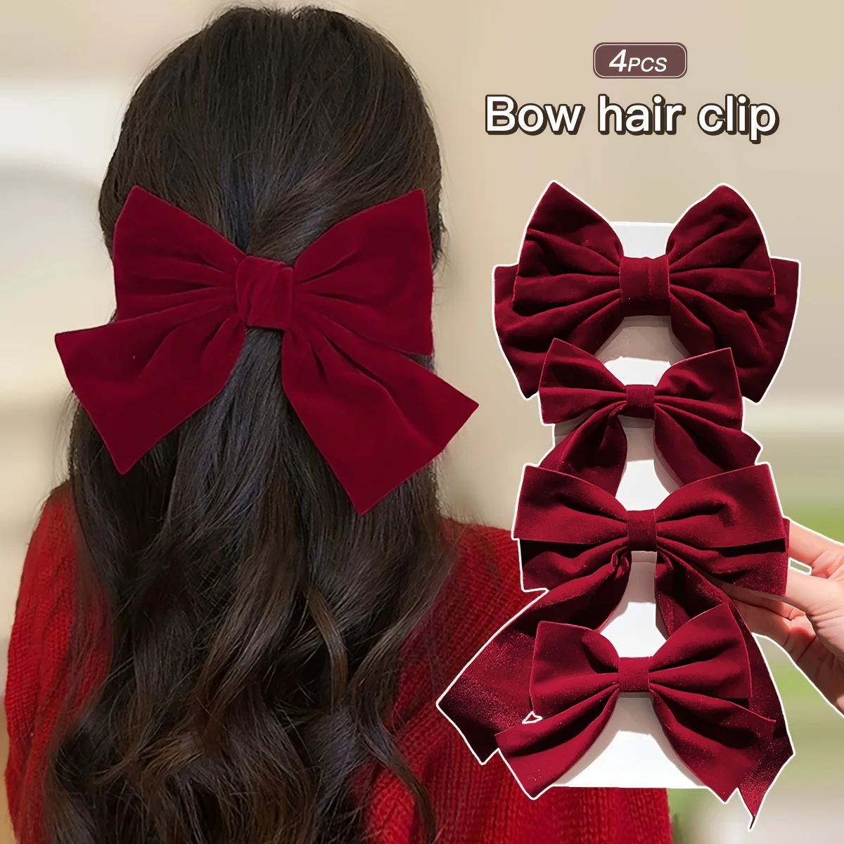 4Pcs Women\'s Burgundy Bow Hair Clip Set Elegant Ponytail Back Head Hair Accessories