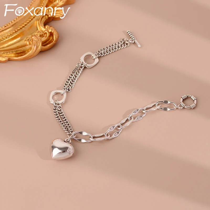 FOXANRY Silver Color LOVE Heart Brcacelet for Women New Fashion Simple OT Buckle Party Jewelry Gifts Chain Length 19cm