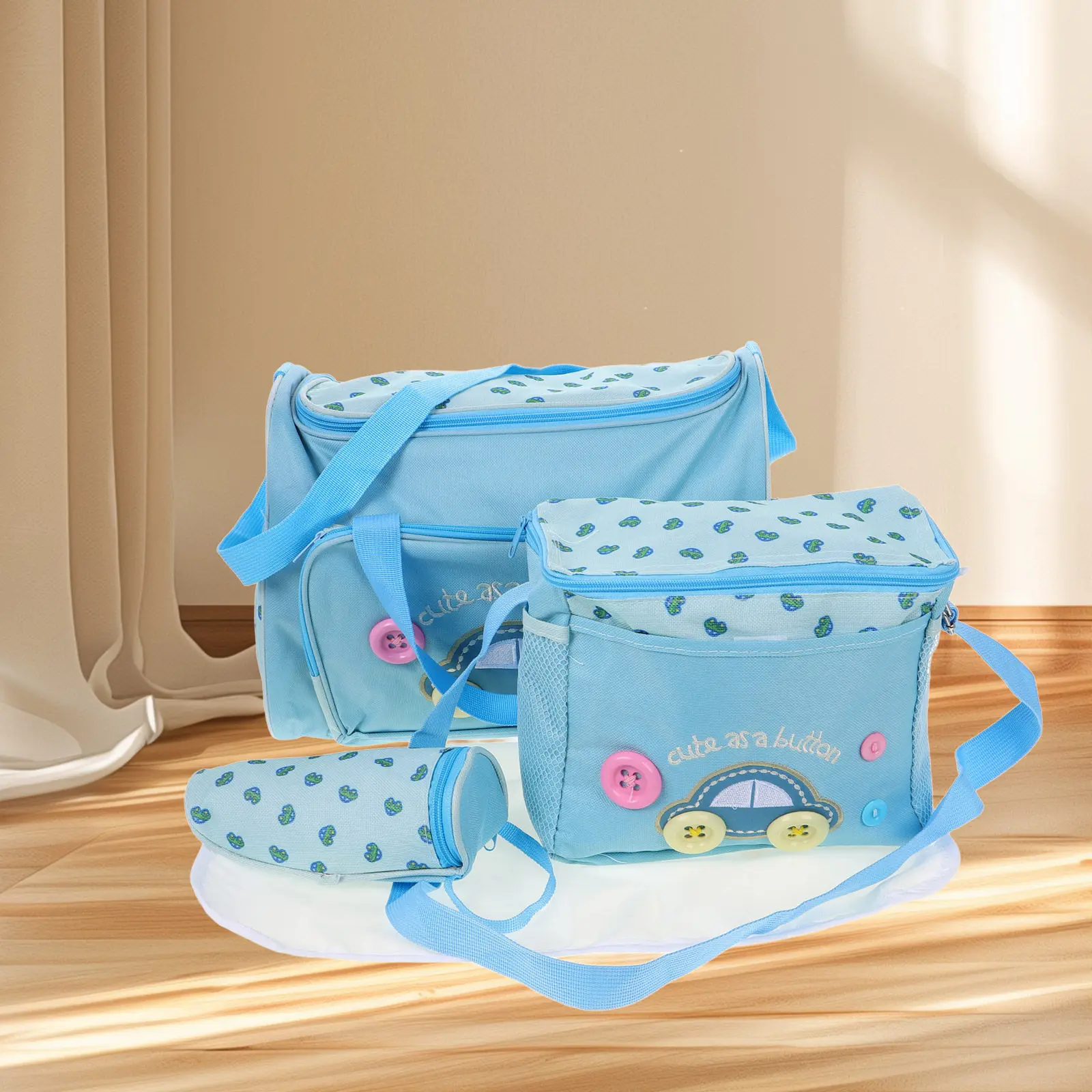 

4-in-1 Large Capacity Sky-Blue Mummy Bag Set Waterproof Oxford Fabric Baby Diaper Travel Tote Handbag with Changing Pad