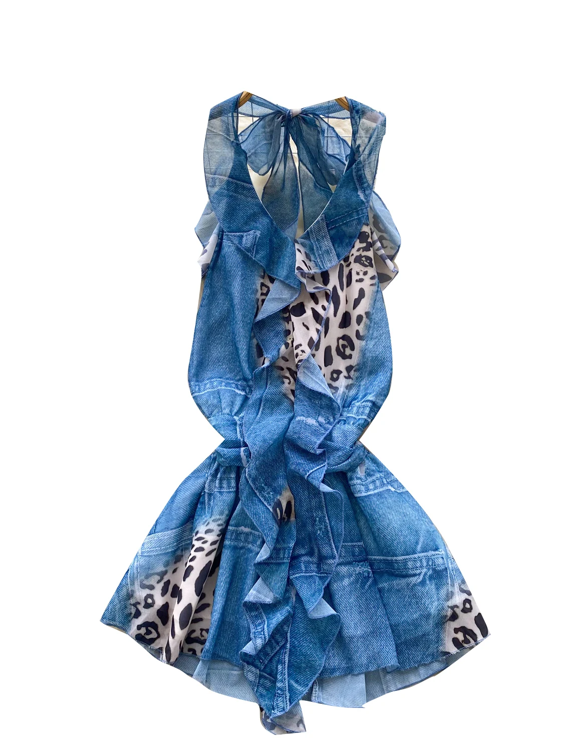 Foamlina Abbigliamento per le vacanze estive Mini abito corto senza maniche Vita da ragazza Skinny Halter Bretella Abiti con stampa bordo volant