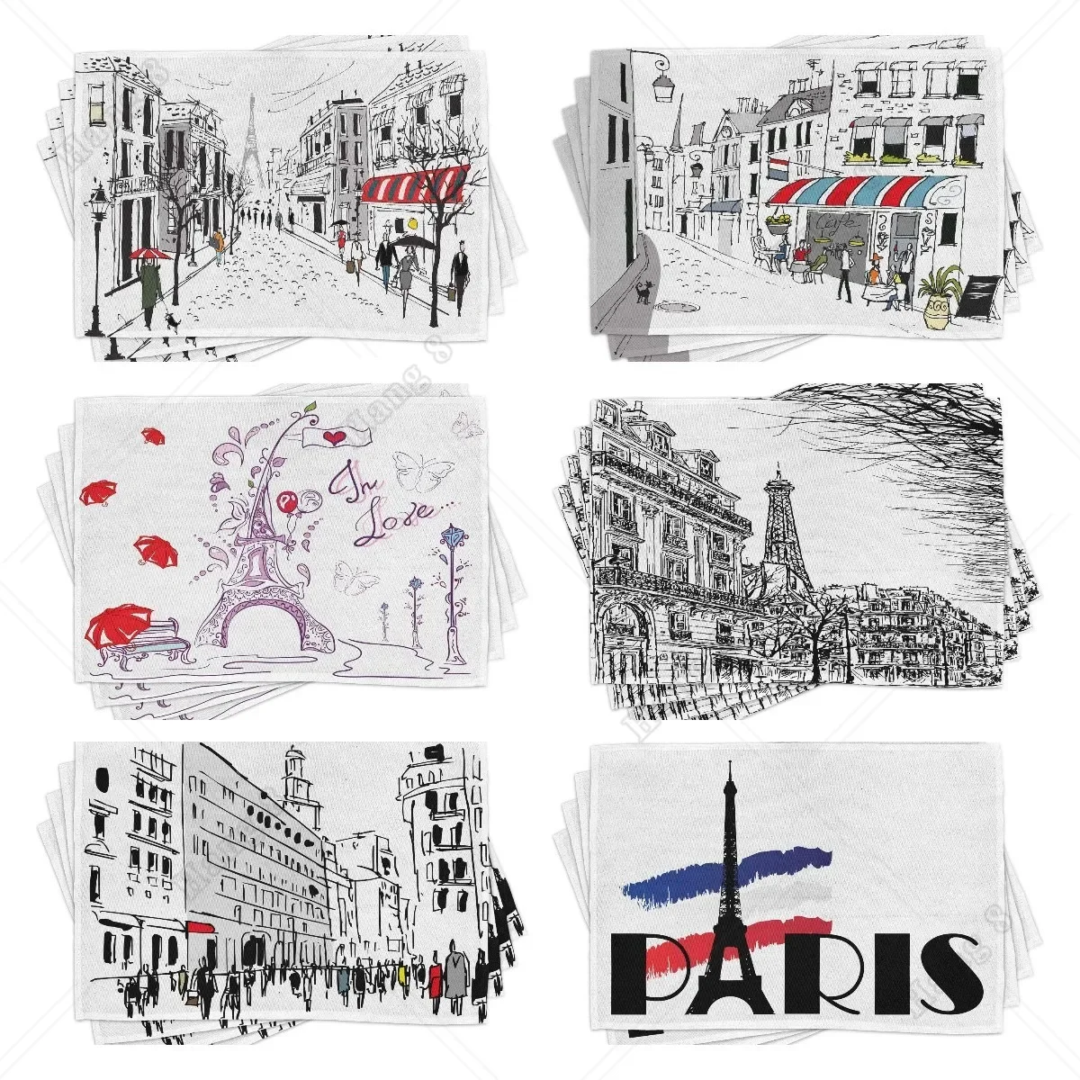 Paris Place Mats Set of 4 Old French Illustration Washable Fabric Placemats for Dining Table Standard Size Eco Friendly Stocked