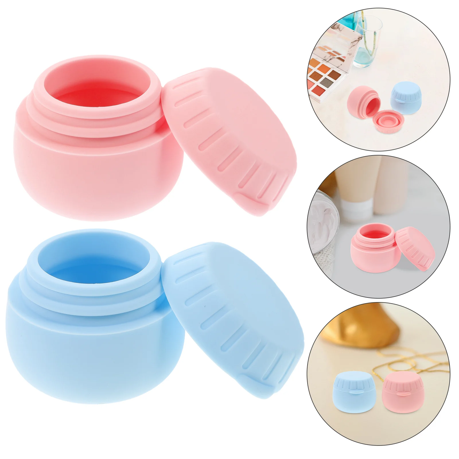 Scatole da imballaggio da 2 pezzi Bottiglie da viaggio in silicone blu rosa Contenitori piccoli Gioielli Piccoli barattoli di crema Conservazione di articoli da toilette