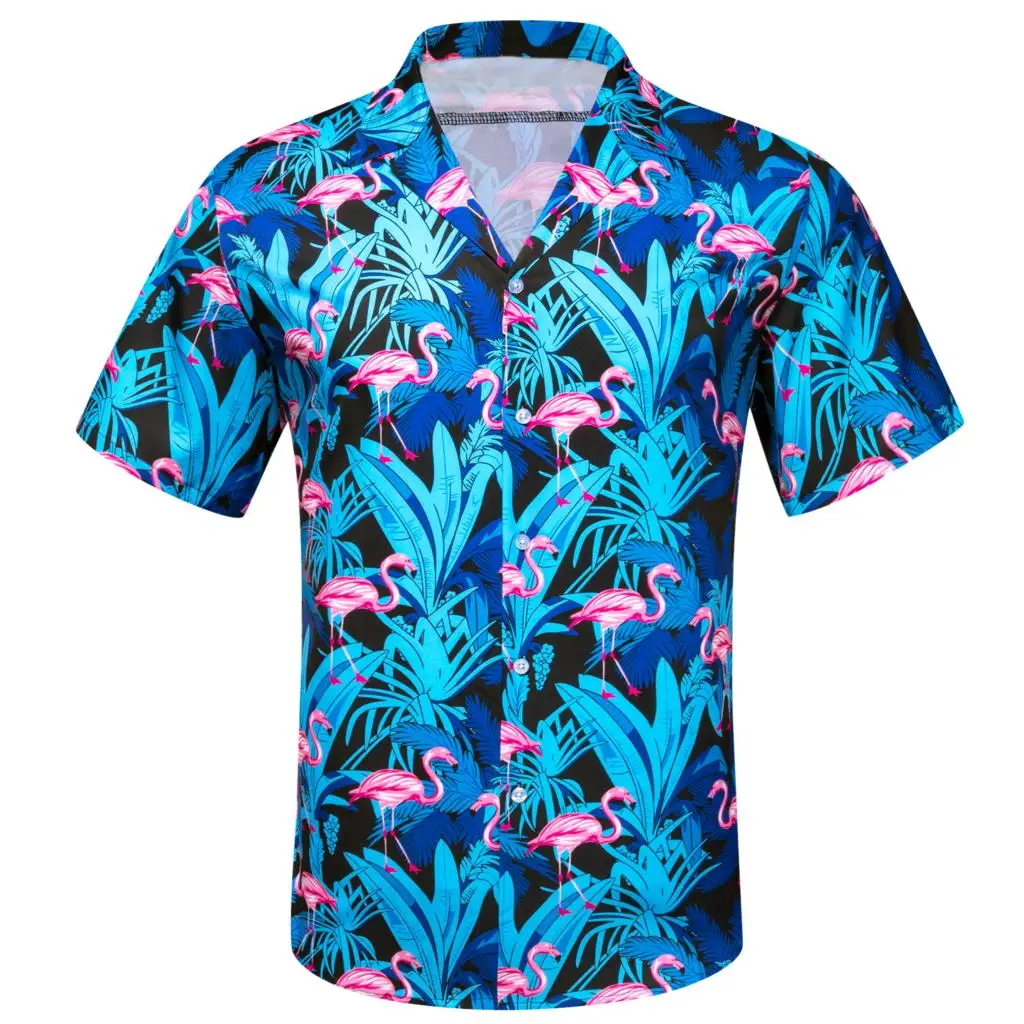 Silk Beach Short Sleeve Shirts for Men Blue Green Black White Flamingo Coconut Trees Slim Fit Male Blouses Tops Barry Wang