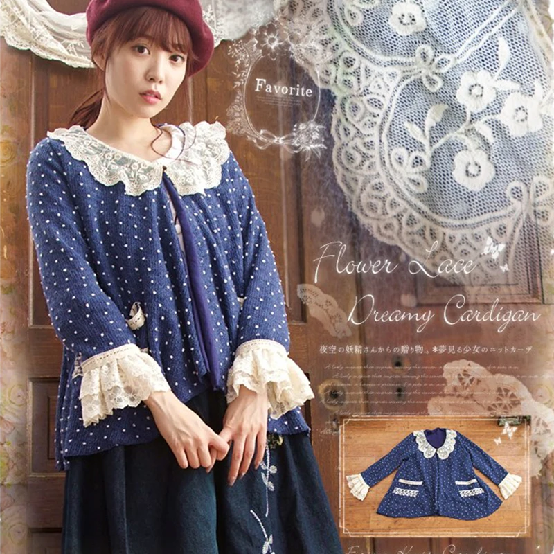 

Mori Girl Women Lace Ruffle Shirt Blue Color Long Sleeve Peter Pan Collar Polka Dot Knitting Cotton Female Kawaii Blouse A197