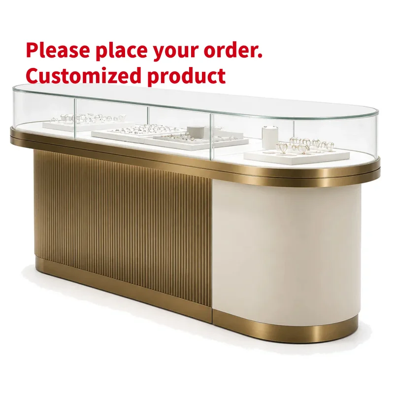 custom.Custom Size High End Jewelry Display Cabinet, Metal Wood Tempered Glass LED Light Showcase Retail Showroom