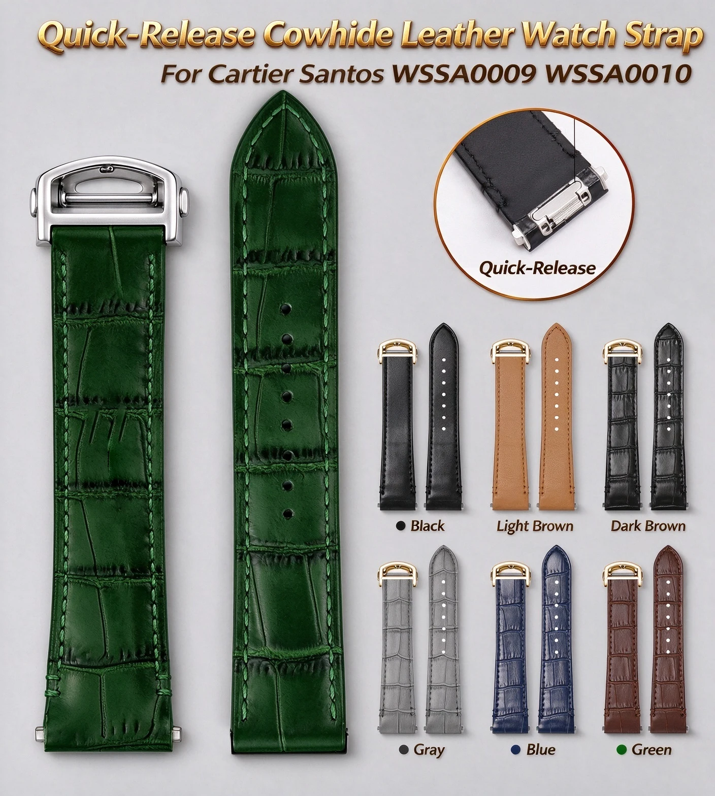 19mm 21mm New Green Quick‑Release Cowhide Leather Watch Strap For Cartier Santos WSSA0009 WSSA0010 WSSA0018 0013 0029 Watchband