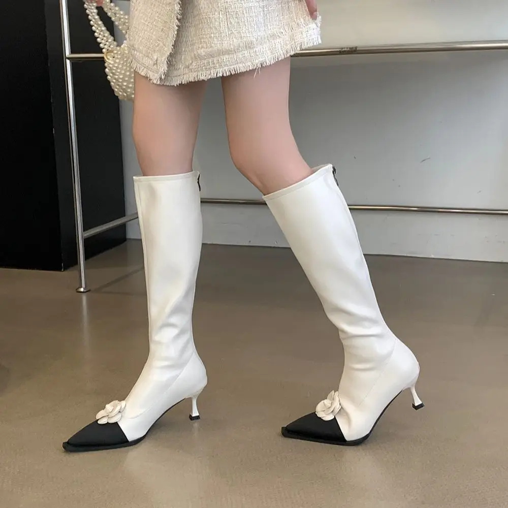 Pointed Toe Women Knee High Heels 2023 New Arrivals Thin High Heels Black White Khaki Flower Design Dress Shoes Woman Size 35-39