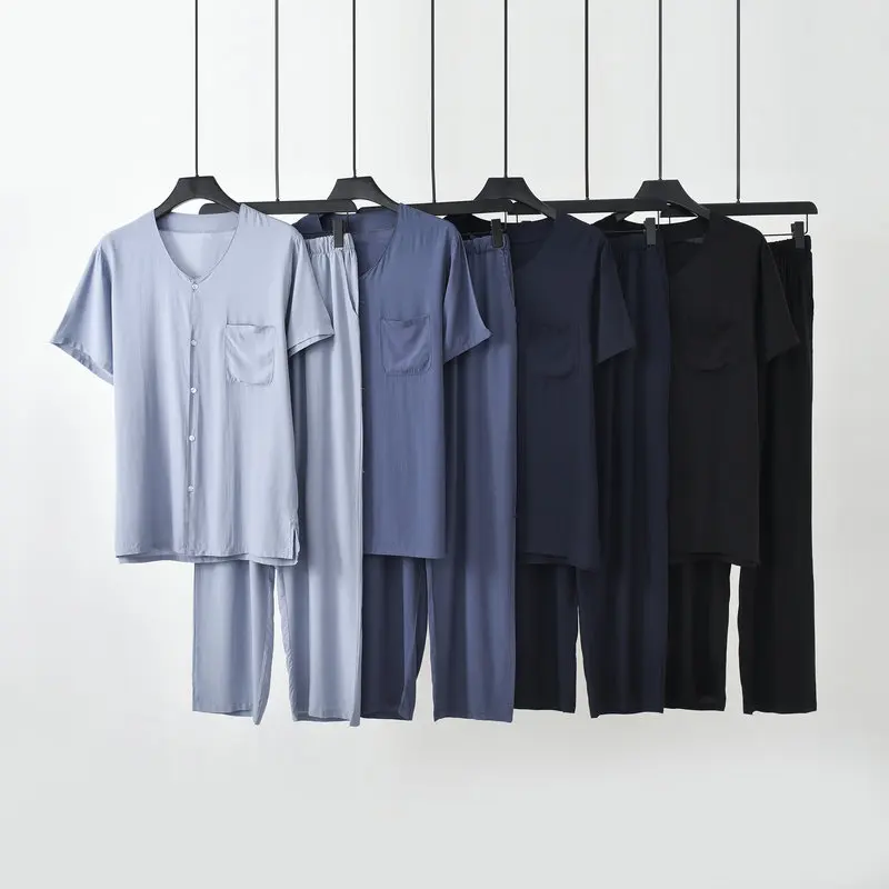 Viscose Loungewear For Men's Pajamas Summer Solid Color Pijama Two Piece Suit Short Sleeve Thin Sleepwear Man Pyjamas