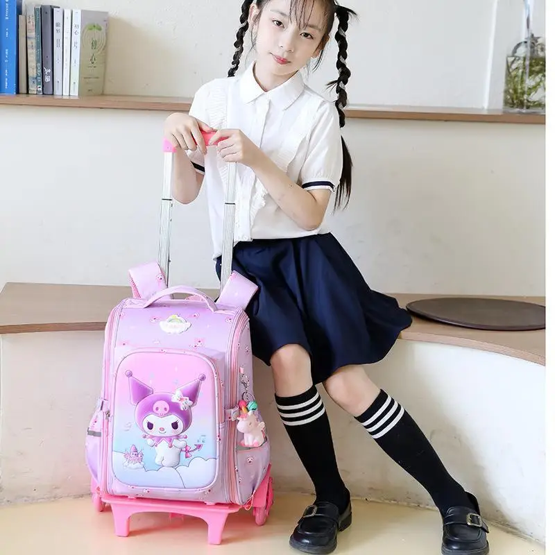 HOT Kawaii Primary School Student Six-Wheel Trolley Schoolbag Kuromi Cartoon Water Proof Climb Stairs Bag School Starts Gift