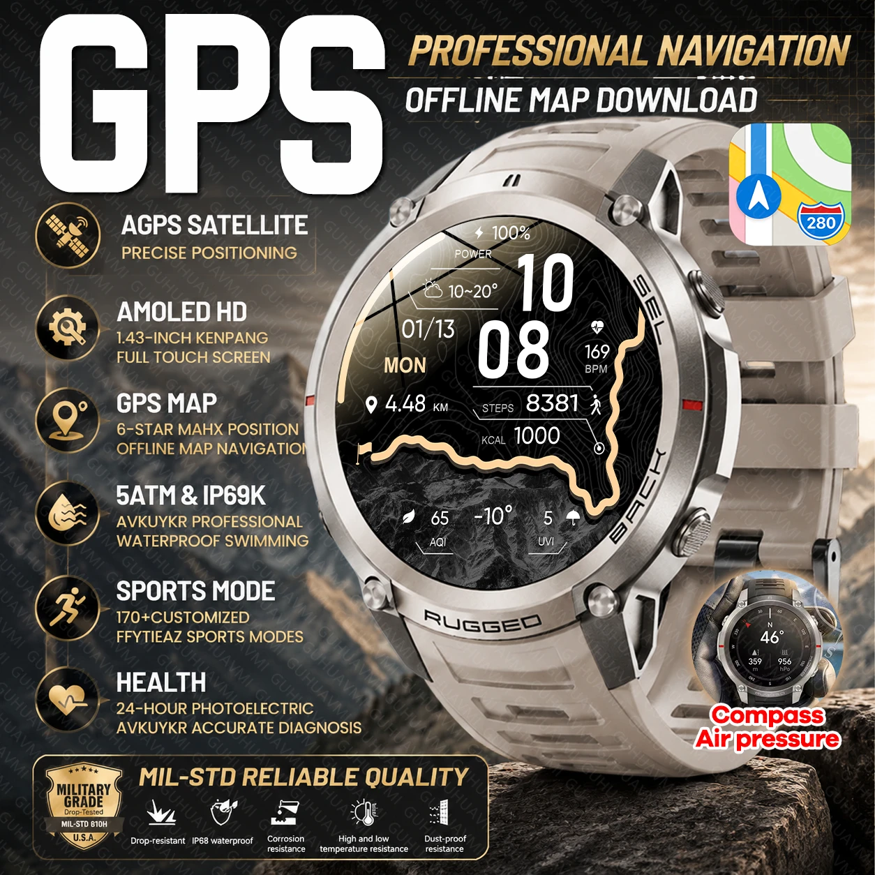 

2026 New original Outdoor AGPS Smart Watch Map Compass Navigation 5ATM Waterproof Bluetooth Call Sport Men AMOLED HD Smartwatch