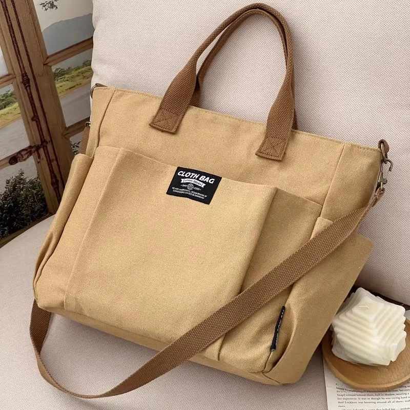 Commuter Canvas Portable Zipper Female Student Large Capacity One Shoulder Crossbody Handheld Tote Bag Horizontal Square