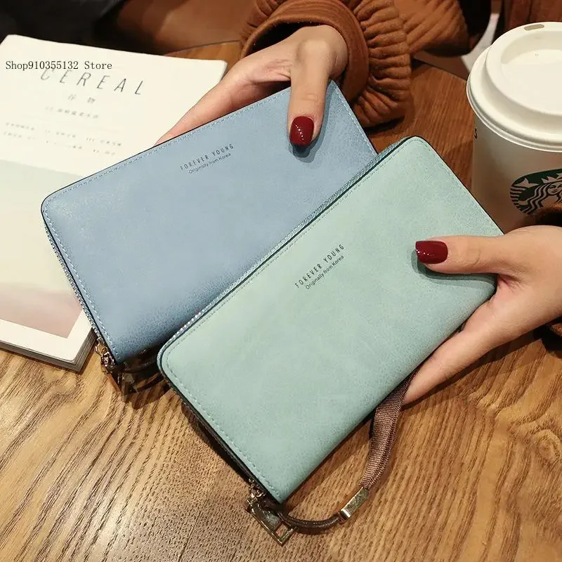 Leisure Pure Color Korean Version Large Capacity Hand-Held Long Card Money Mobile Phone Bag Wallet Purse for Women