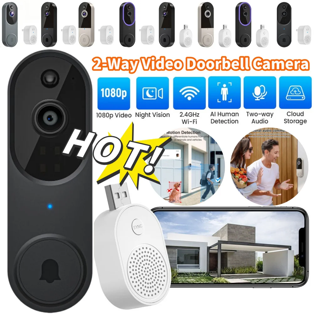 Sonnette vidéo WiFi 1080P, sonnette de porte extérieure sans fil, caméra 2 millions de Pixels, visiophone bidirectionnel avec détection de mouvement de caméra