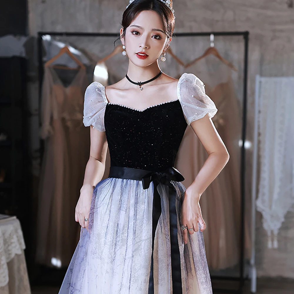 

Elegant Banquet Evening Dress Women Pearl Beading Square Collar Lace Up Bow Slim Formal Dresses Birthday Party Quinceanera Dress