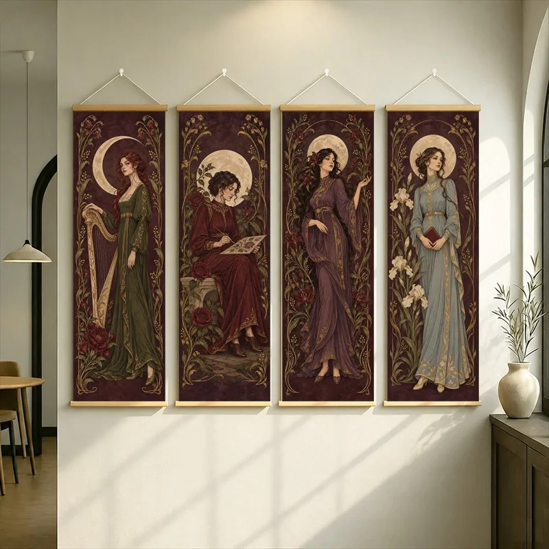 Four Elegant Maidens Hanging Scroll with Floral Details and Golden Halos in a Burgundy Nouveau Style for a Living Room
