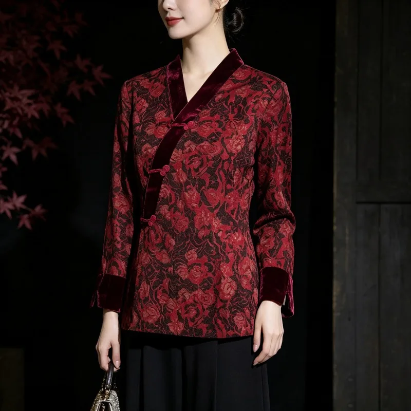 Women Chinese Style Floral Blouse Autumn V Neck Frog Button Long Sleeve Velvet Spliced Top