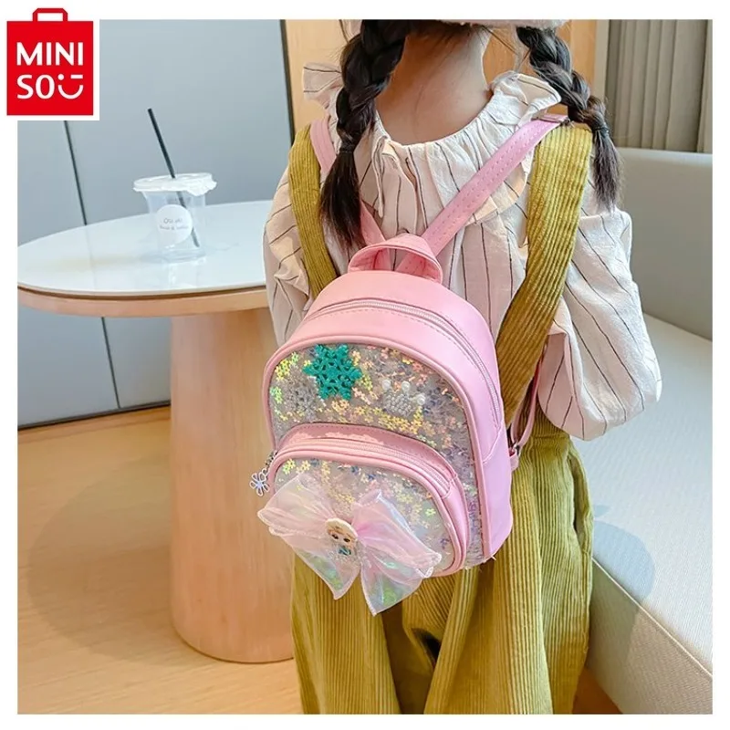 

MINISO Disney Cartoon PU Sequin Book Bag 2024 New Sweet Princess Elsa Children's Backpack