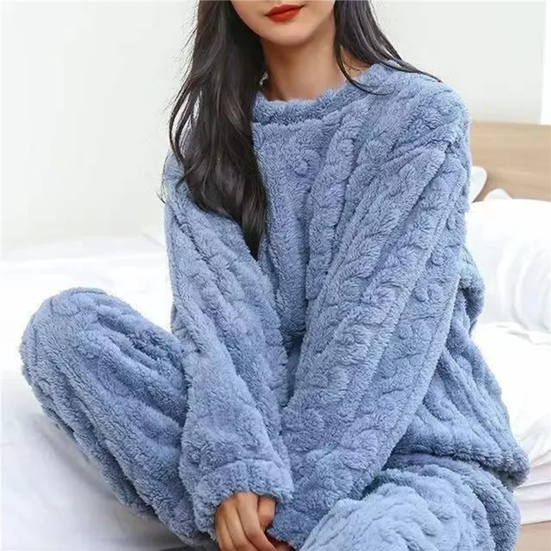 Women Fleece Pajamas Set Winter Sleepwear Solid Velvet 2 Piece Pant Home Suit Fluffy Casual Pajamas Warm O-neck Night Wear 2023