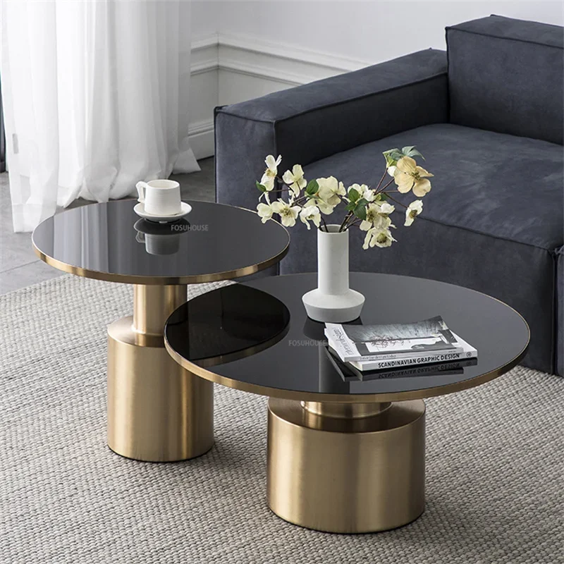 Nordic Luxury Metal Gold Coffee Table Side Modern Simple Coffee Tables Round Glass Living Room Home Furniture