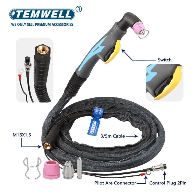 TEMWELL  AG60 SG55 WSD60 Air Plasma Cutter Torch Gun Pilot Arc Completed 3M 5M CUT M16X1.5 Plasma Cutting Machine Equipment Fit