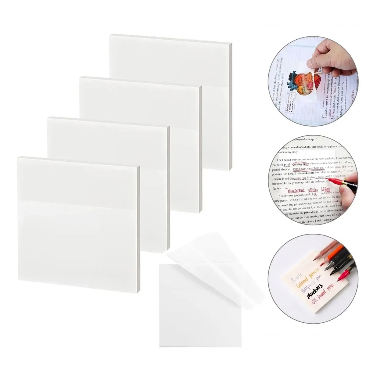 100-500 Sheets Transparent Sticky Notes 3x3 Inch Clear Waterproof Self-Adhesive See Through Sticky Note Pads Book Annotation