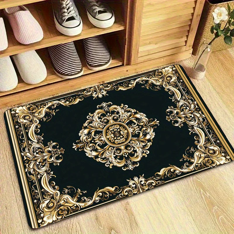 Flannel Printed Baroque Style Rug Classic Gold Pattern Indoor Mat Vintage Design Home Decoration Royal Theme Living Space
