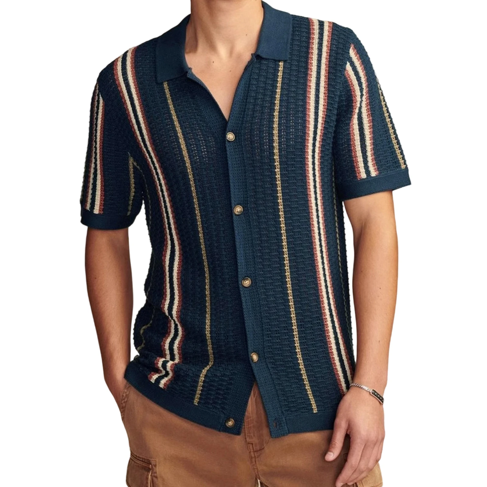 

Мужская трикотажная рубашка с коротким рукавом, отложной воротник, застежка на пуговицы, летние топы в полоску для повседневного повседневного использования