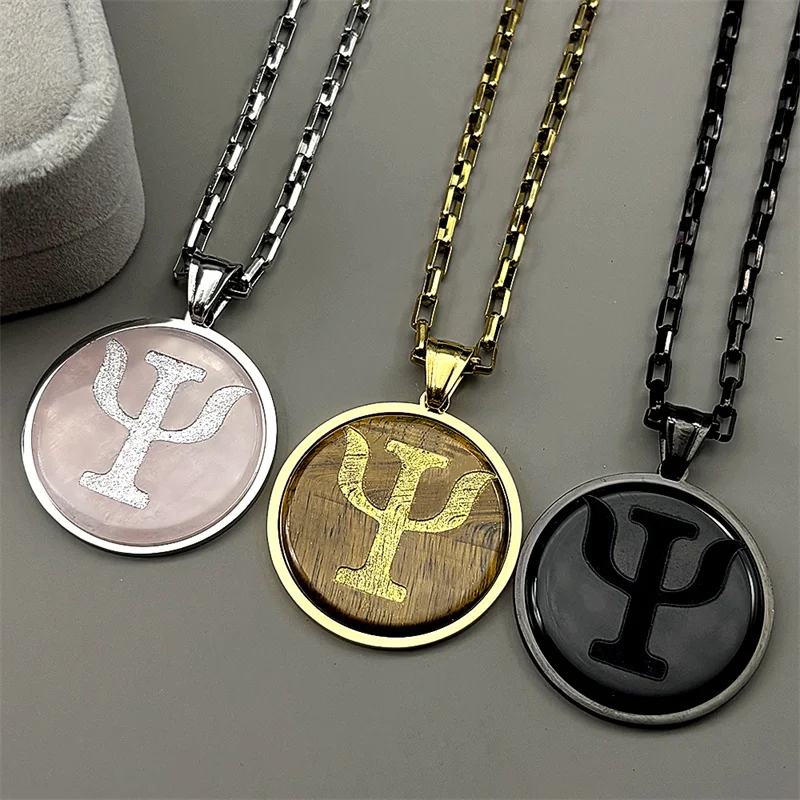 Simple Stainless Steel Greek Letter PSI Symbol Gold Color Necklace Pendant Tiger Eye Stones Jewery Psychology Kettings Gift